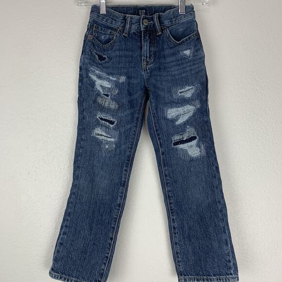 Gap Kids Jeans Boys 7 Straight Distressed Destroyed Medium Wash Blue Denim - Picture 1 of 8